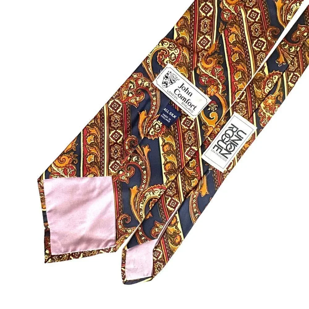 Vintage 70s John Comfort, England Gold and Navy Blue Paisley Striped Neck Tie